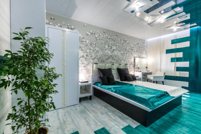 interior of a white and turquoise bedroom