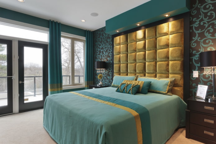 interior of a turquoise-brown bedroom