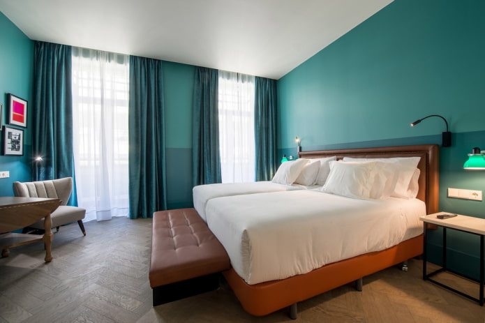 furniture in the interior of a turquoise bedroom
