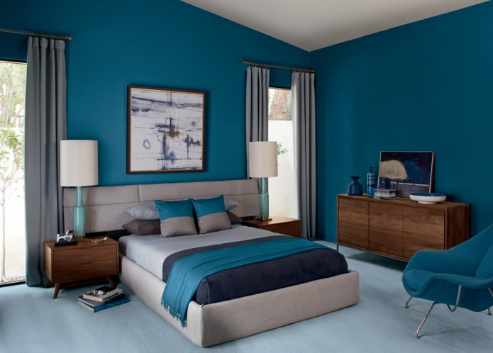 furniture in the interior of a turquoise bedroom