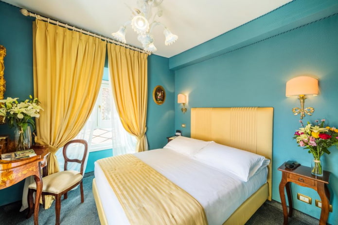 furniture in the interior of a turquoise bedroom