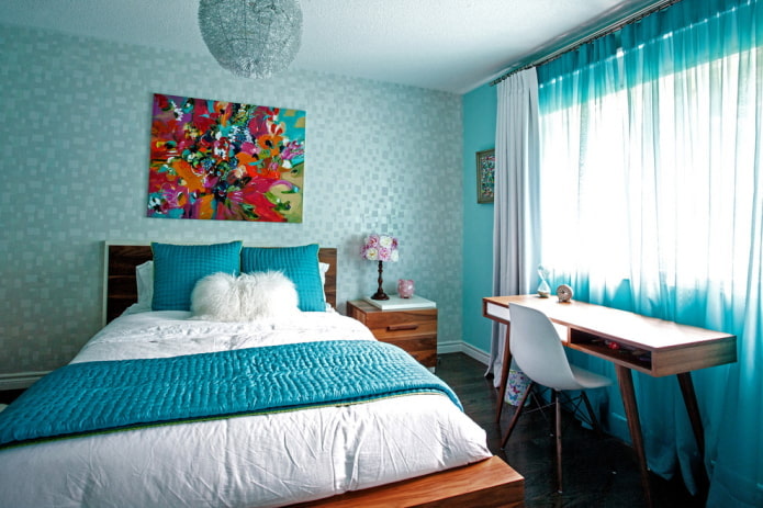 furniture in the interior of a blue bedroom