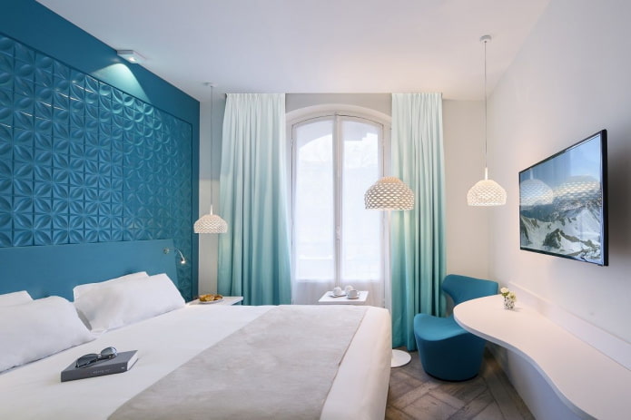 white and blue bedroom interior