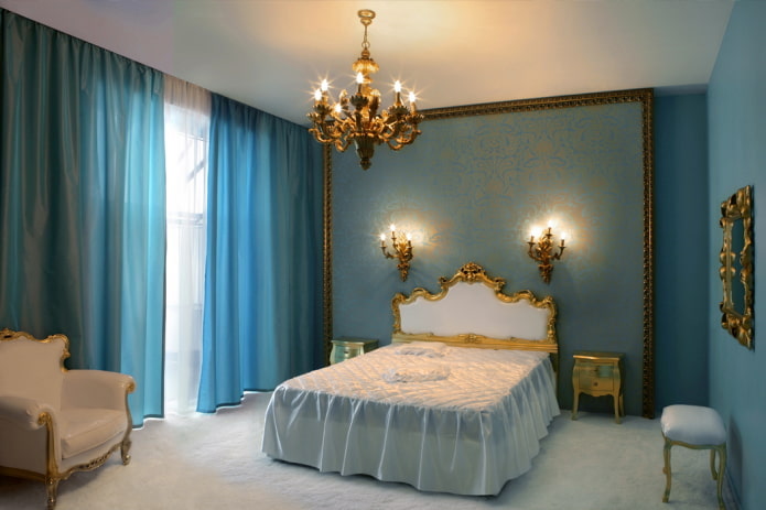 bedroom interior in gold and blue tones