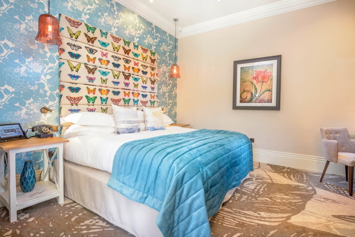 beige and blue bedroom interior