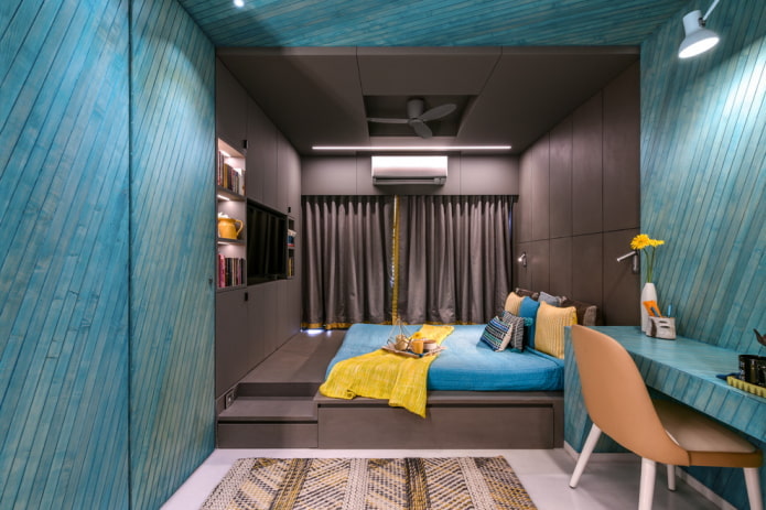 brown and blue bedroom interior