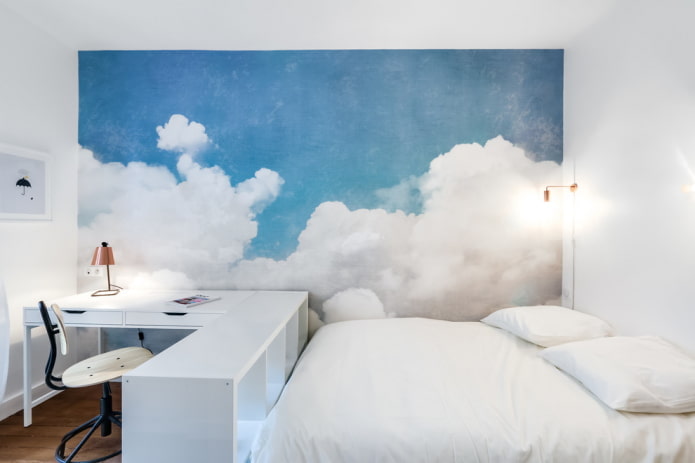 white and blue bedroom interior