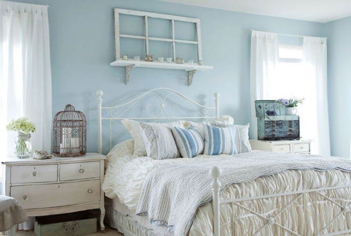 interior of a blue bedroom in Provence style
