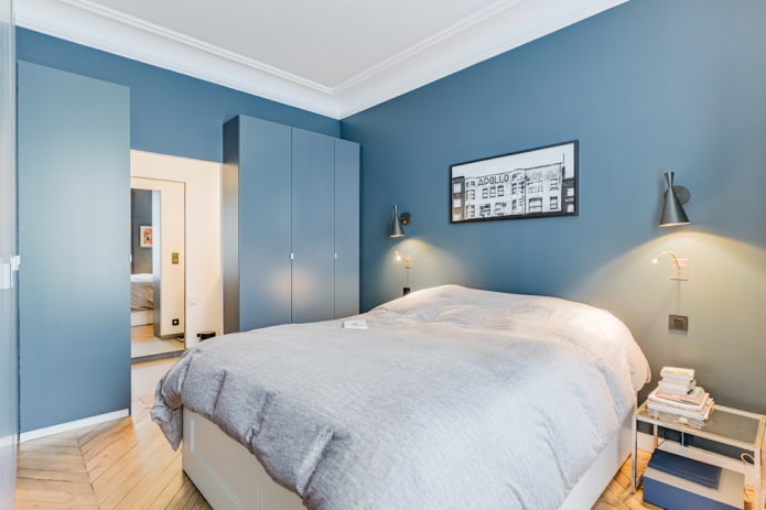 shades of blue in the bedroom interior
