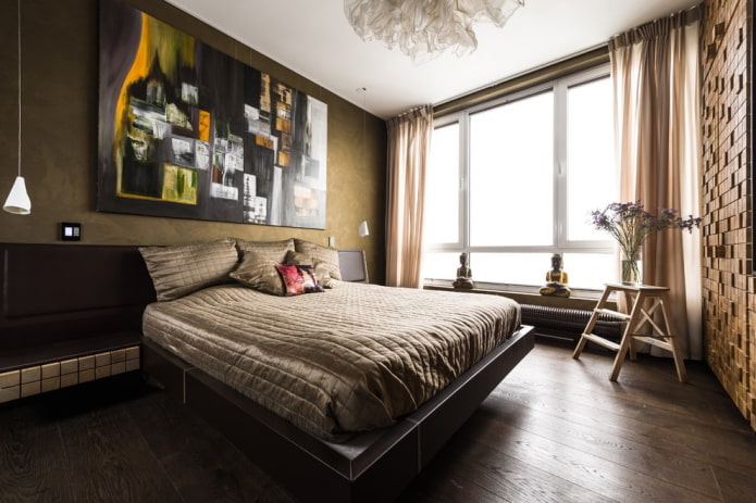 decor and lighting in the interior of a brown bedroom