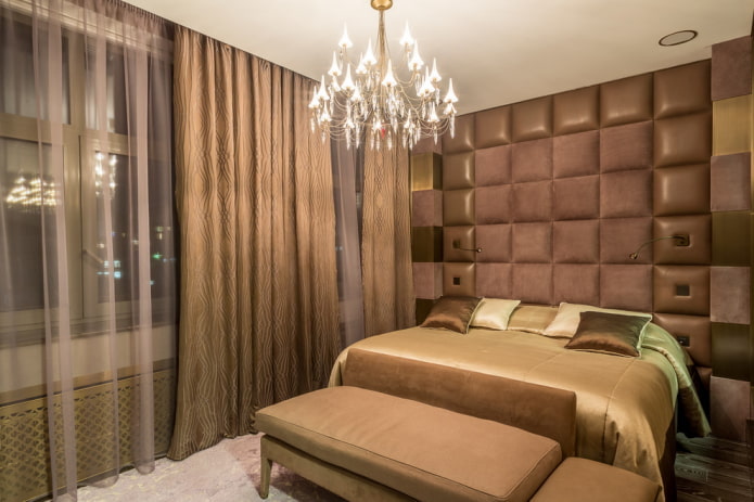 decor and lighting in the interior of a brown bedroom