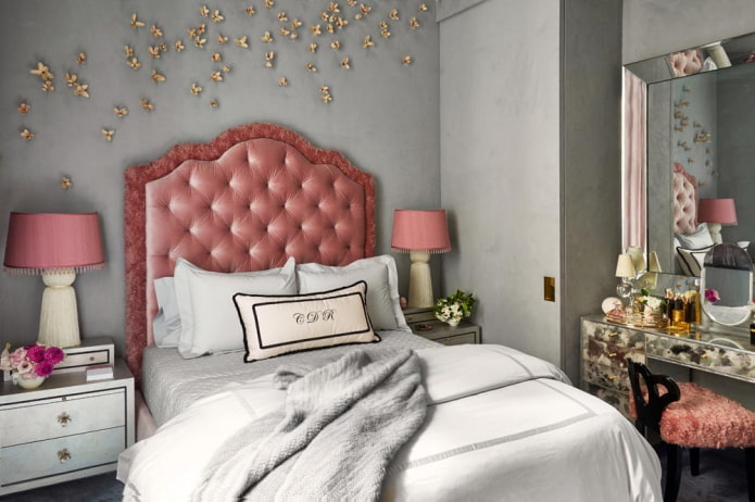interior of a gray-pink bedroom