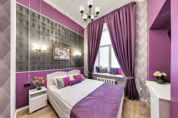 gray bedroom with bright accents