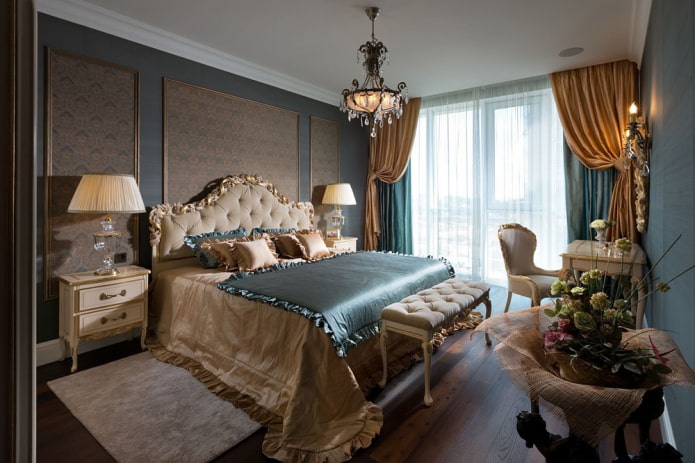 gray bedroom with bright accents