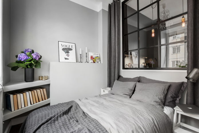 gray wall in the bedroom in Scandinavian style