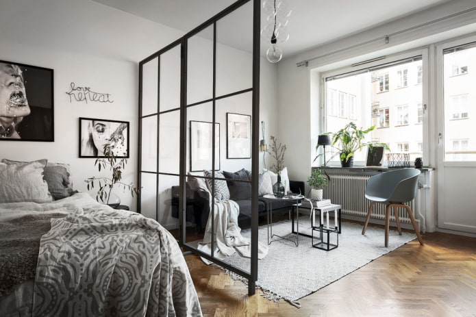 Scandinavian style bedroom-living room design