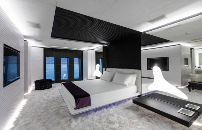 textiles in the bedroom interior in high-tech style