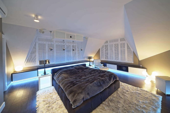 textiles in the bedroom interior in high-tech style