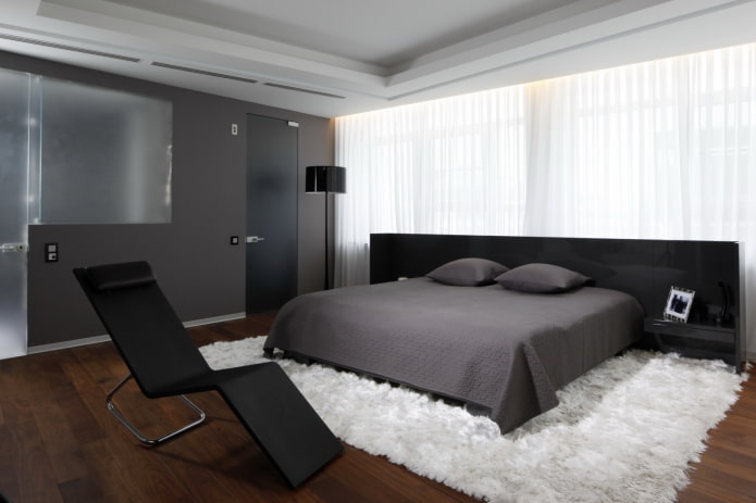textiles in the bedroom interior in high-tech style