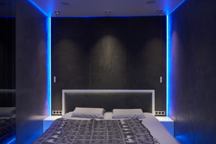 lighting in the bedroom interior in high-tech style