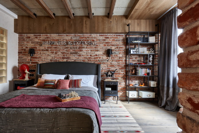 textiles and decor in the interior of the bedroom in the industrial style