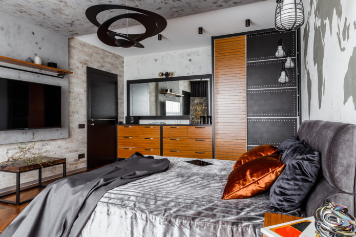 furniture in the interior of a bedroom in an industrial style