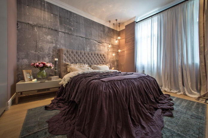 textiles and decor in the interior of the bedroom in the industrial style