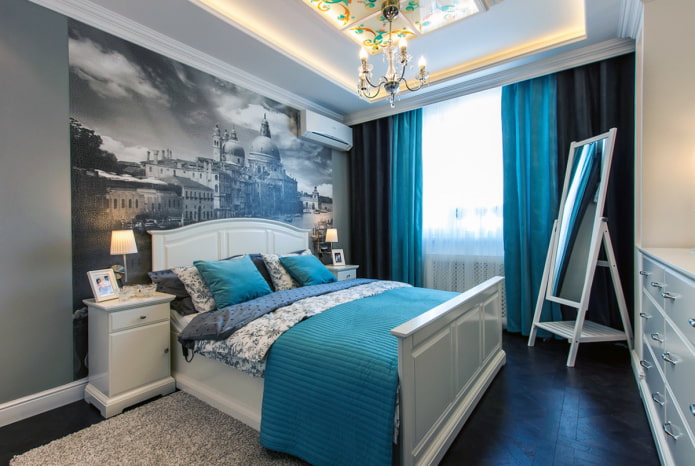photo wallpaper behind the headboard