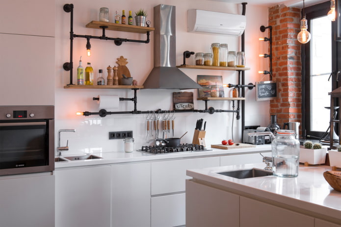 Pipe among shelves in loft style