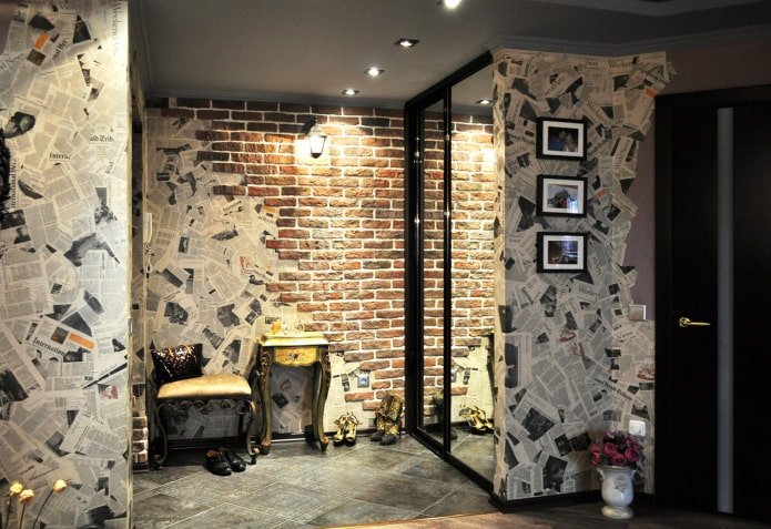 newspaper wallpaper in a loft hallway