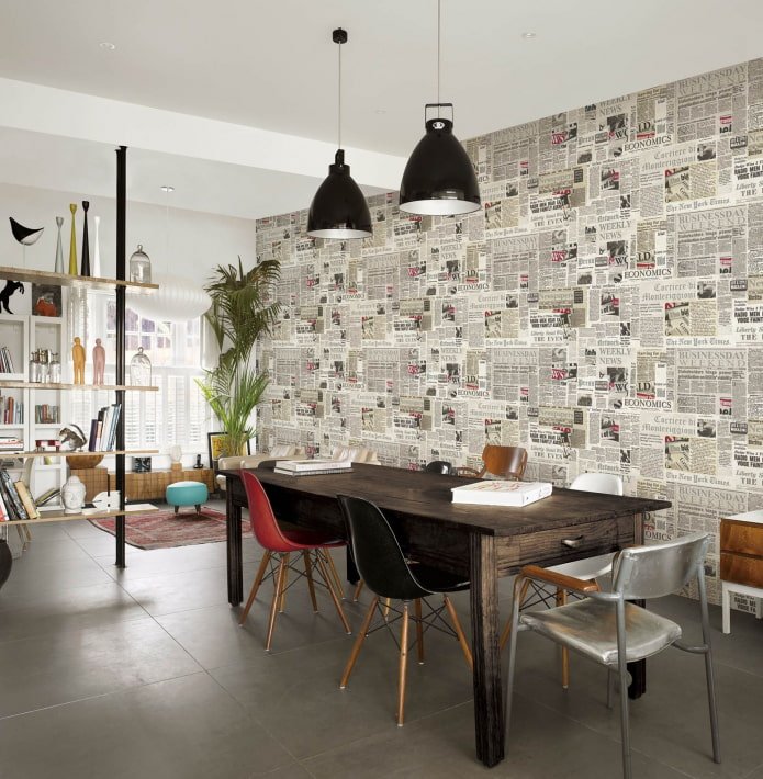 newspaper wallpaper in the dining room