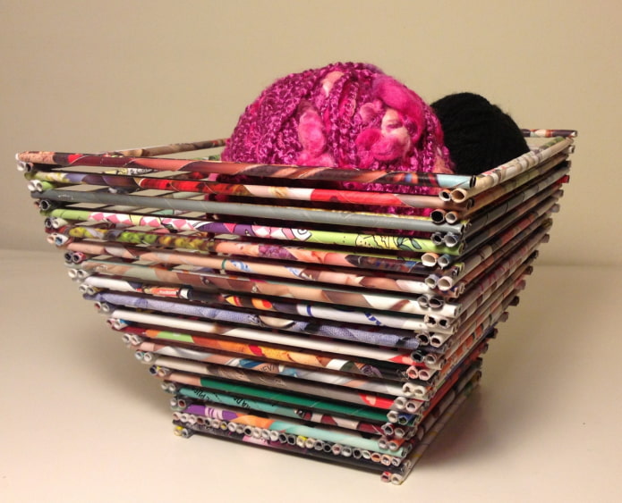 basket for yarn from magazine tubes