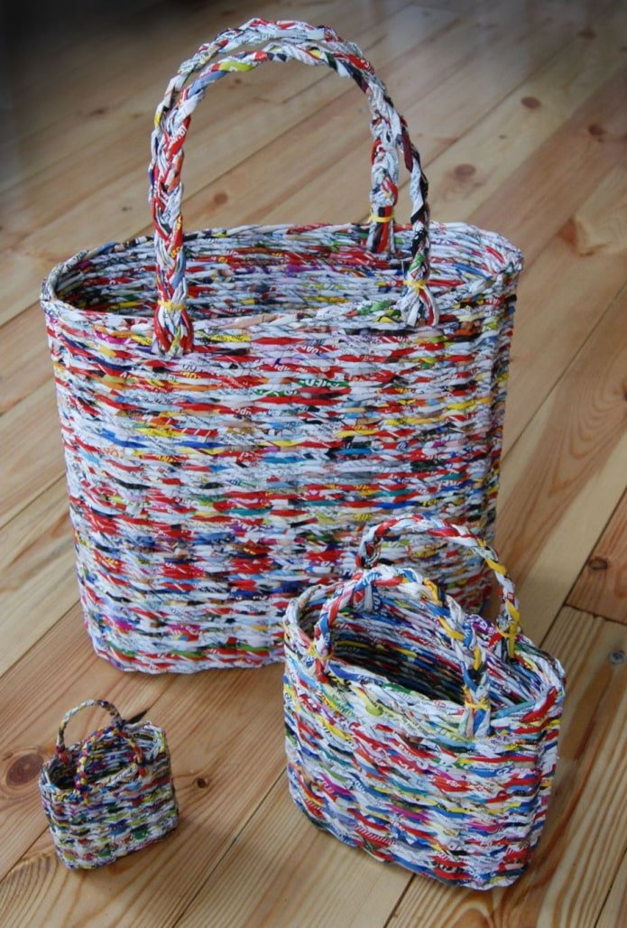 three woven bags from magazine tubes