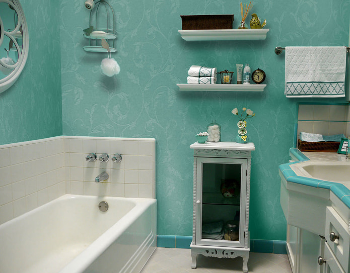 bathroom with turquoise fiberglass wallpaper
