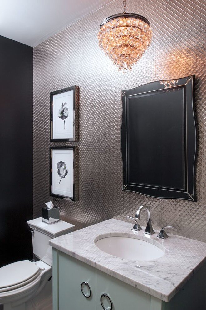 silver wallpaper in the toilet