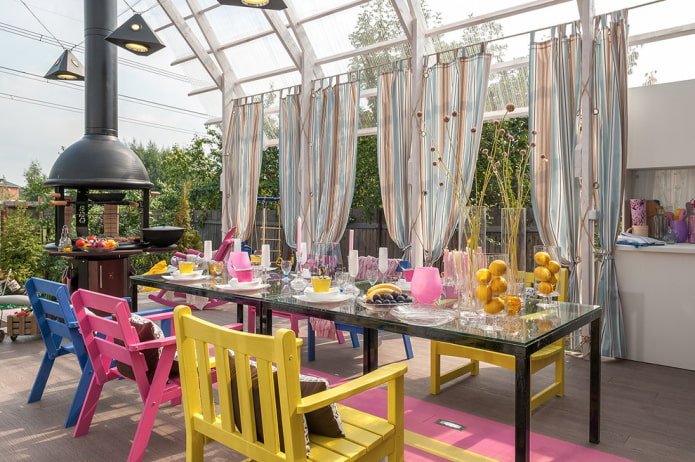 veranda of a country house with a large table