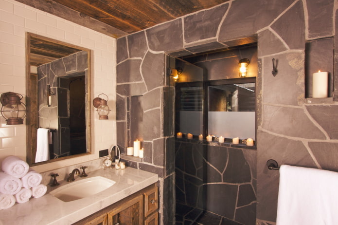 stone on the wall in the bathroom interior