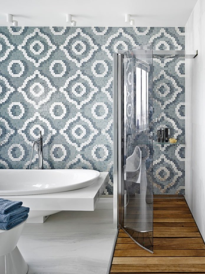 mosaic on the wall in the bathroom interior