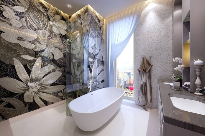 mosaic on the wall in the bathroom interior