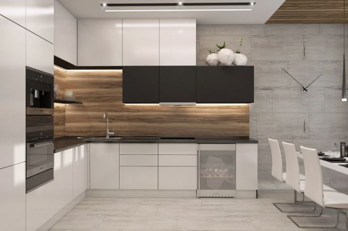 wood-like wall panels on an apron