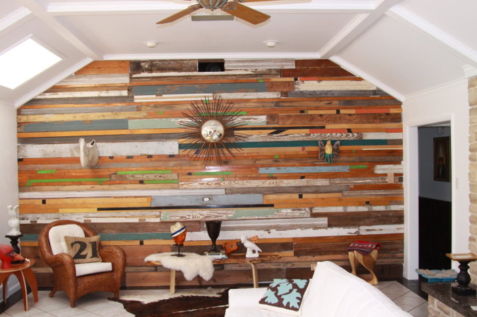 accent wall made of multi-colored paneling