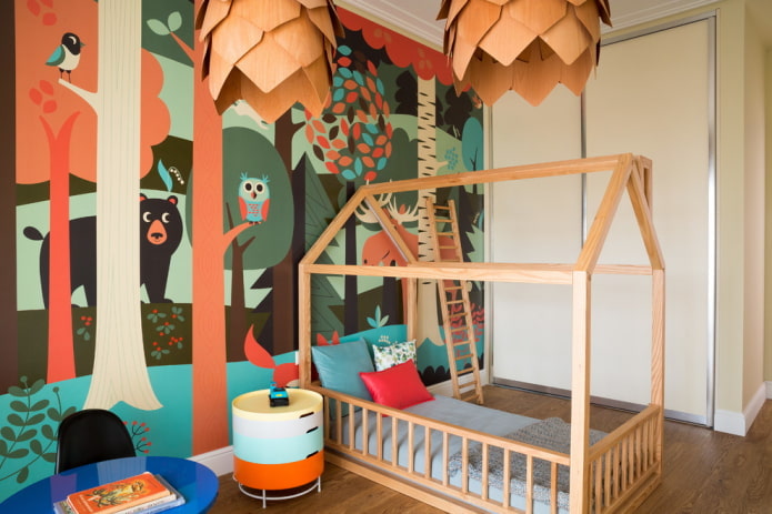 paintings on the wall in the interior of the children's room