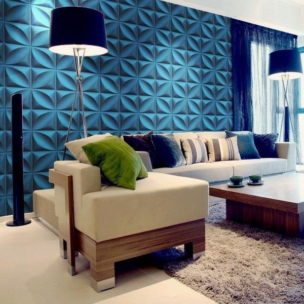 living room with modern 3D wallpaper