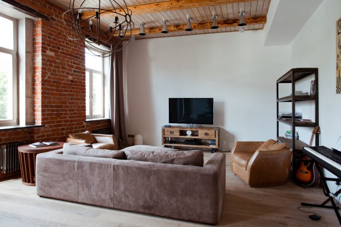 brick wall and wooden beams on the ceiling