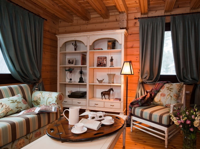 living room with green curtains