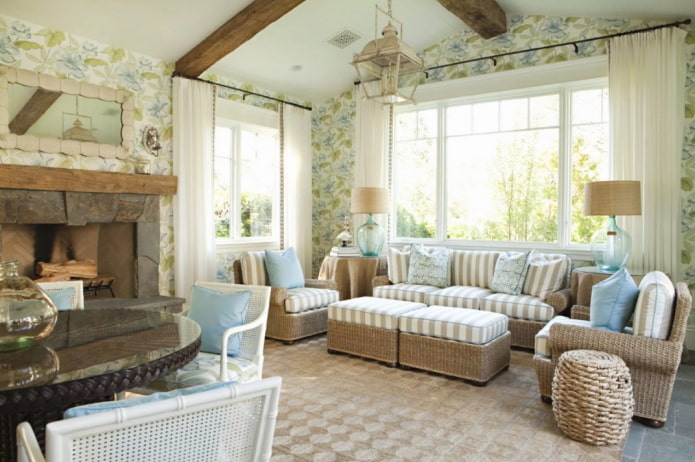 stone fireplace and beams