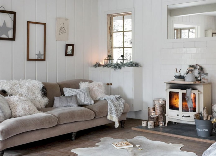 living room with a stove