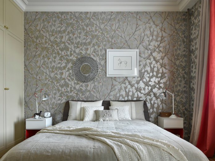interior with a plant pattern on gray wallpaper