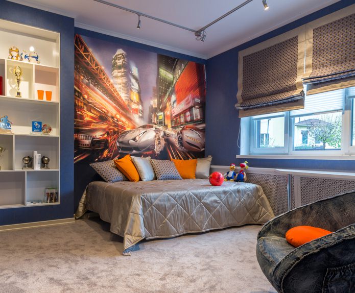 contemporary style children's room with roman blinds
