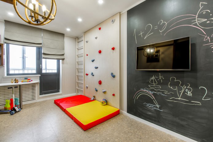 light interior of a children's room with a play area and a chalk board